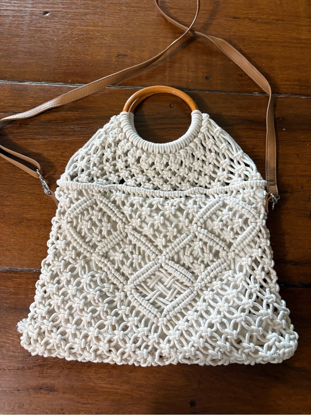 Cream Macramé Shoulder Bag with Wooden Ring Handles